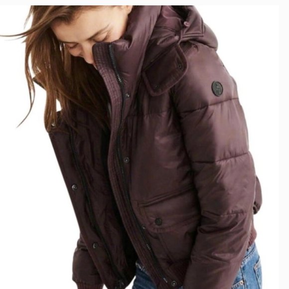 Abercrombie & Fitch Maroon Utility Mini Puffer Coat Jacket